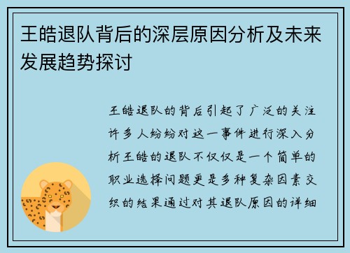 王皓退队背后的深层原因分析及未来发展趋势探讨