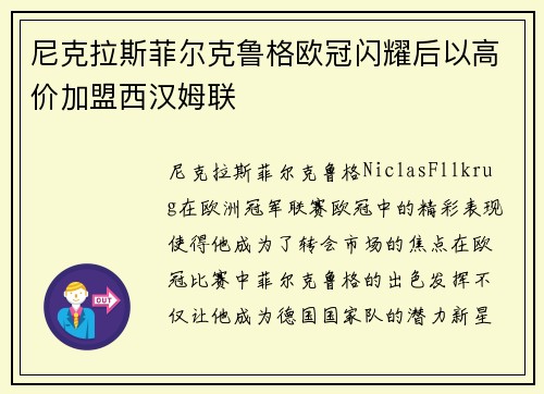 尼克拉斯菲尔克鲁格欧冠闪耀后以高价加盟西汉姆联